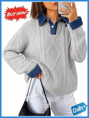 Cable Knit Sweater Denim Polo Pullover Oversized Button Down Collared